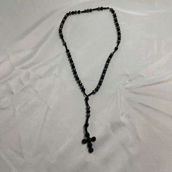 Black Beaded Rosary Necklace Unique Rare - Picture 1 of 8